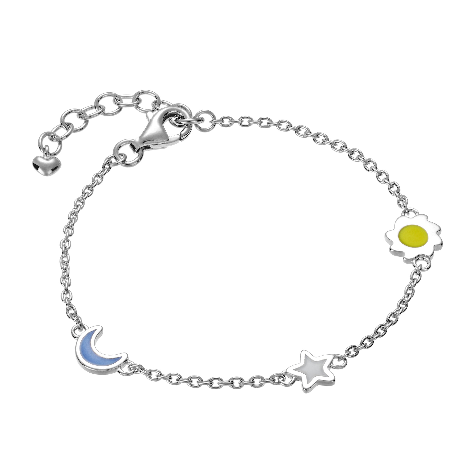 Children's Sterling Silver Celestial Blue Moon Star Yellow Sun with Enamel Extendable Chain Bracelet with Heart Charm