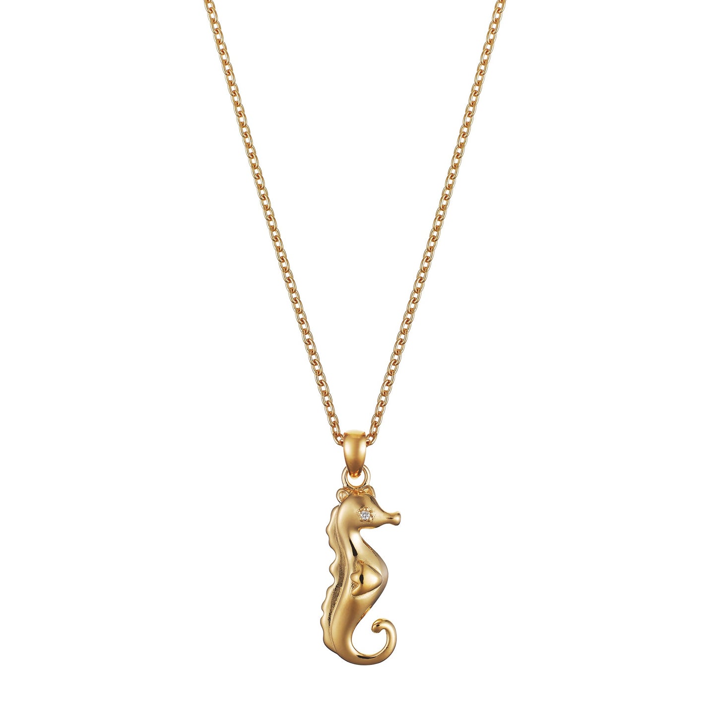 Children's Gold Seahorse with Diamond Eye Pendant on an Extendable Chain Necklace