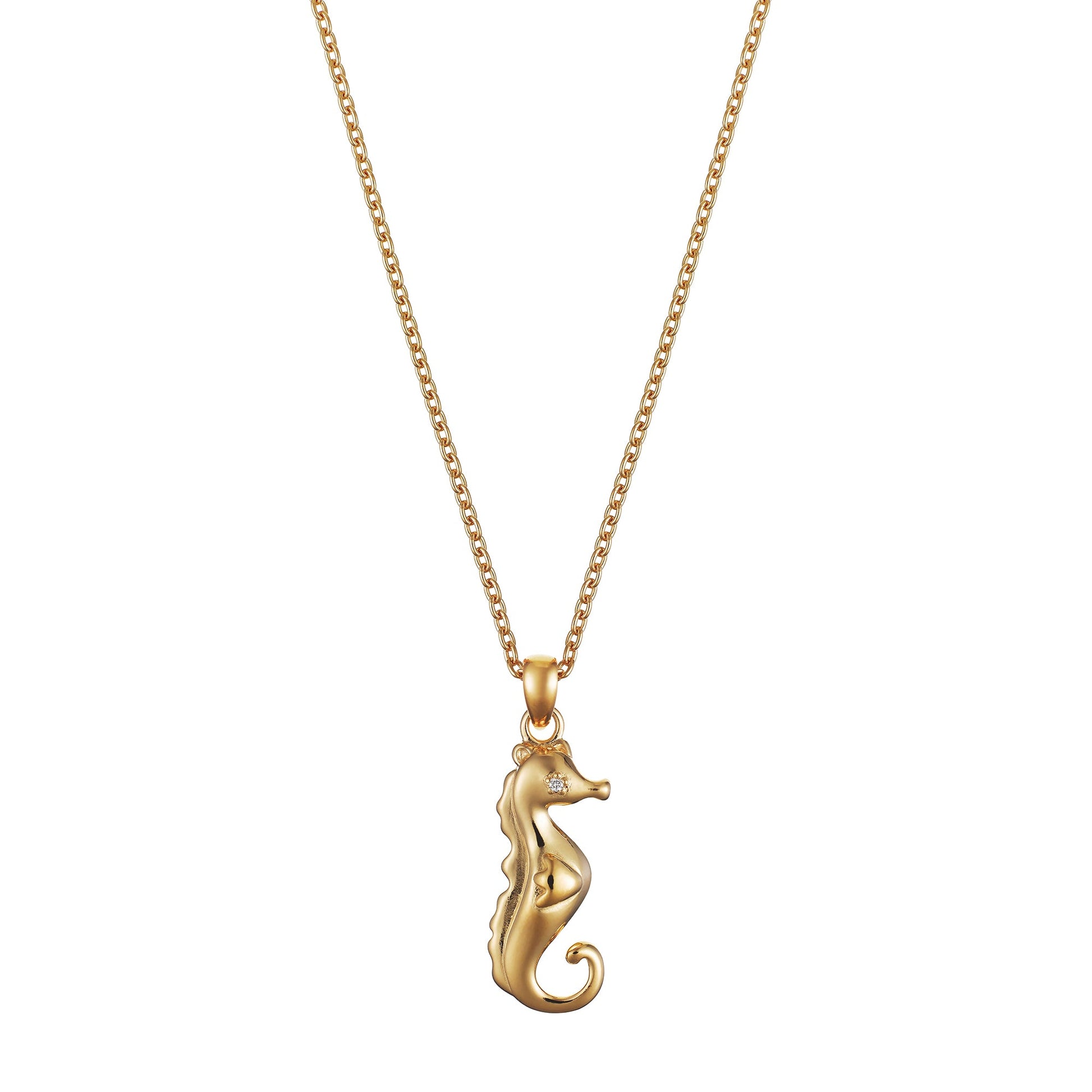 Children's Gold Seahorse with Diamond Eye Pendant on an Extendable Chain Necklace