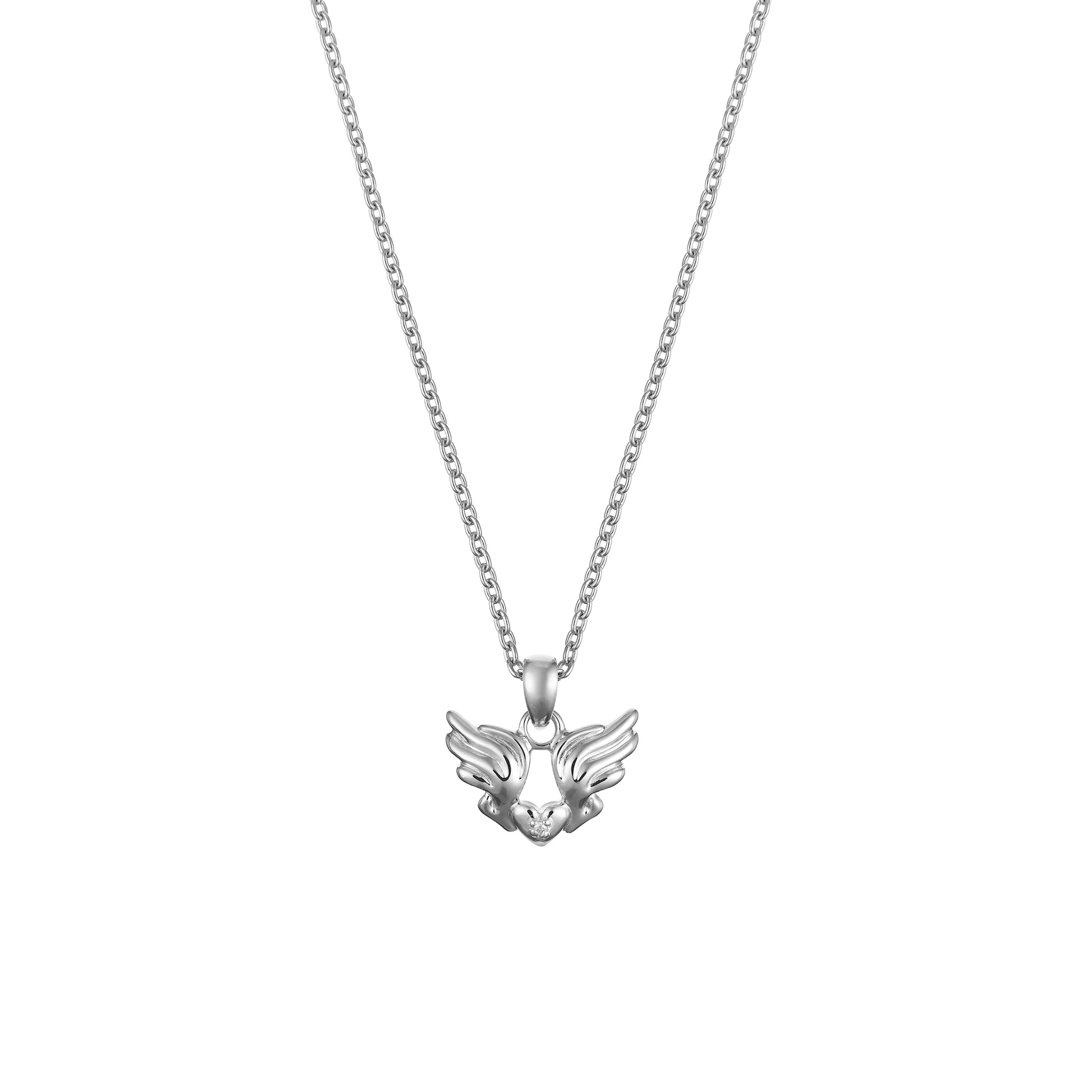 Children's Sterling Silver Angel Wings and Heart Pendant with Diamond on an Extendable Chain Necklace