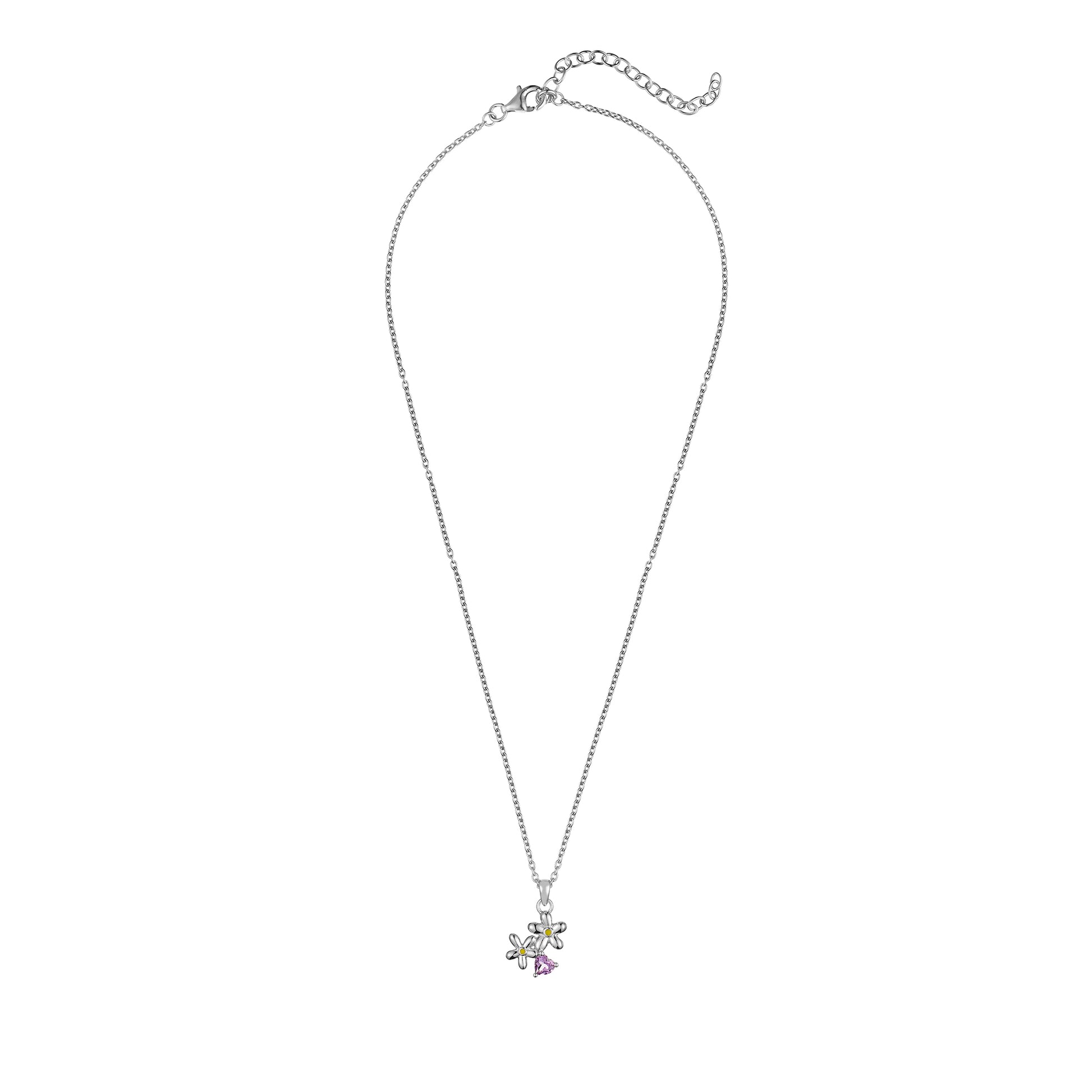 Children's Sterling Silver Flower and Heart with Amethyst and Enamel on an Extendable Chain Necklace