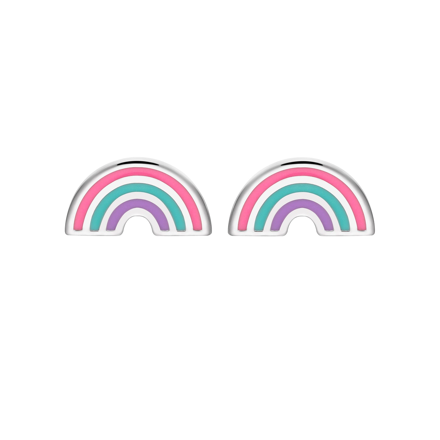 Front View of Children's Sterling Silver Pink Green Purple Rainbow Enamel Stud Earrings
