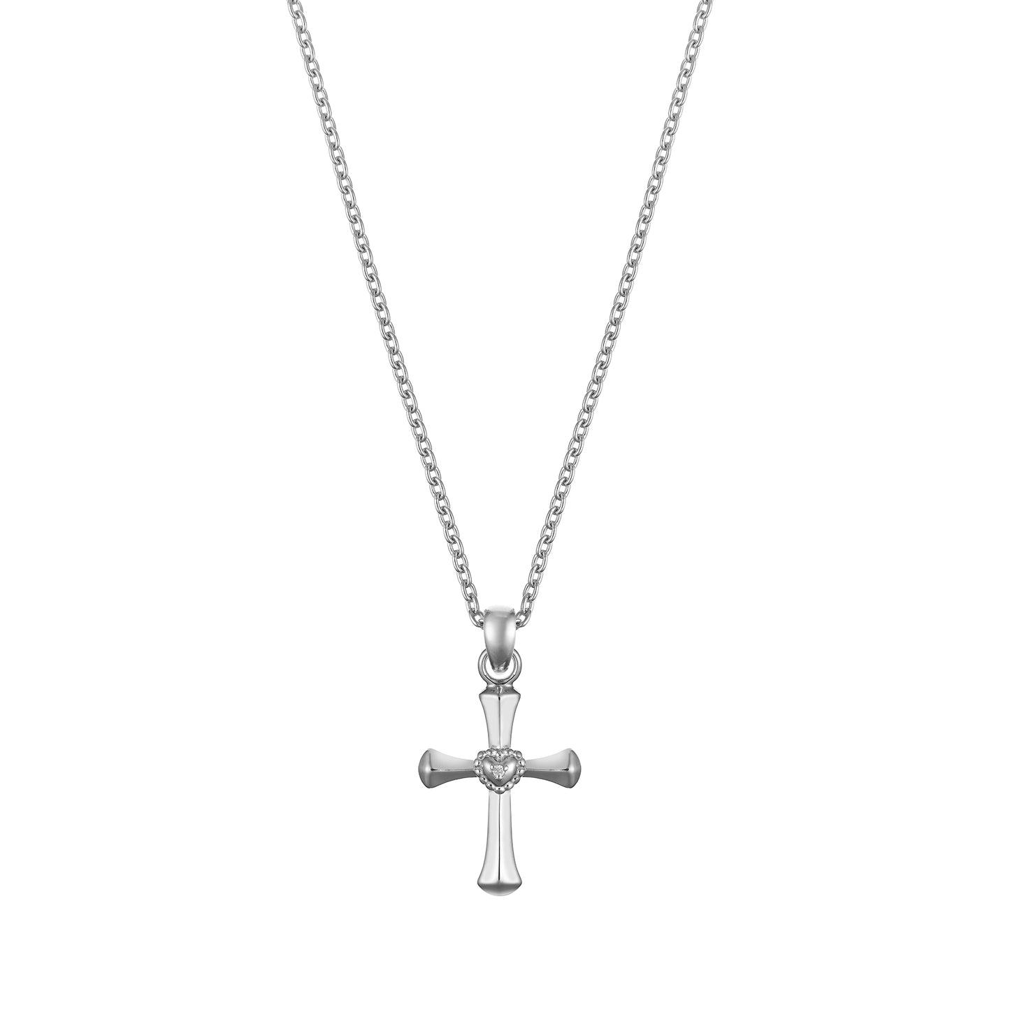 Children’s Sterling Silver Cross with Heart Diamond Pendant on an Extendable Chain Necklace