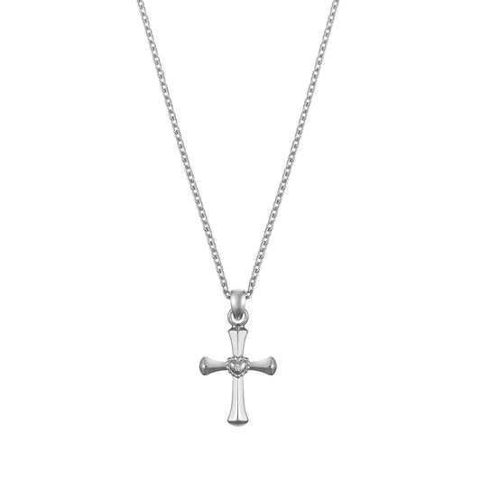 Children’s Sterling Silver Cross with Heart Diamond Pendant on an Extendable Chain Necklace
