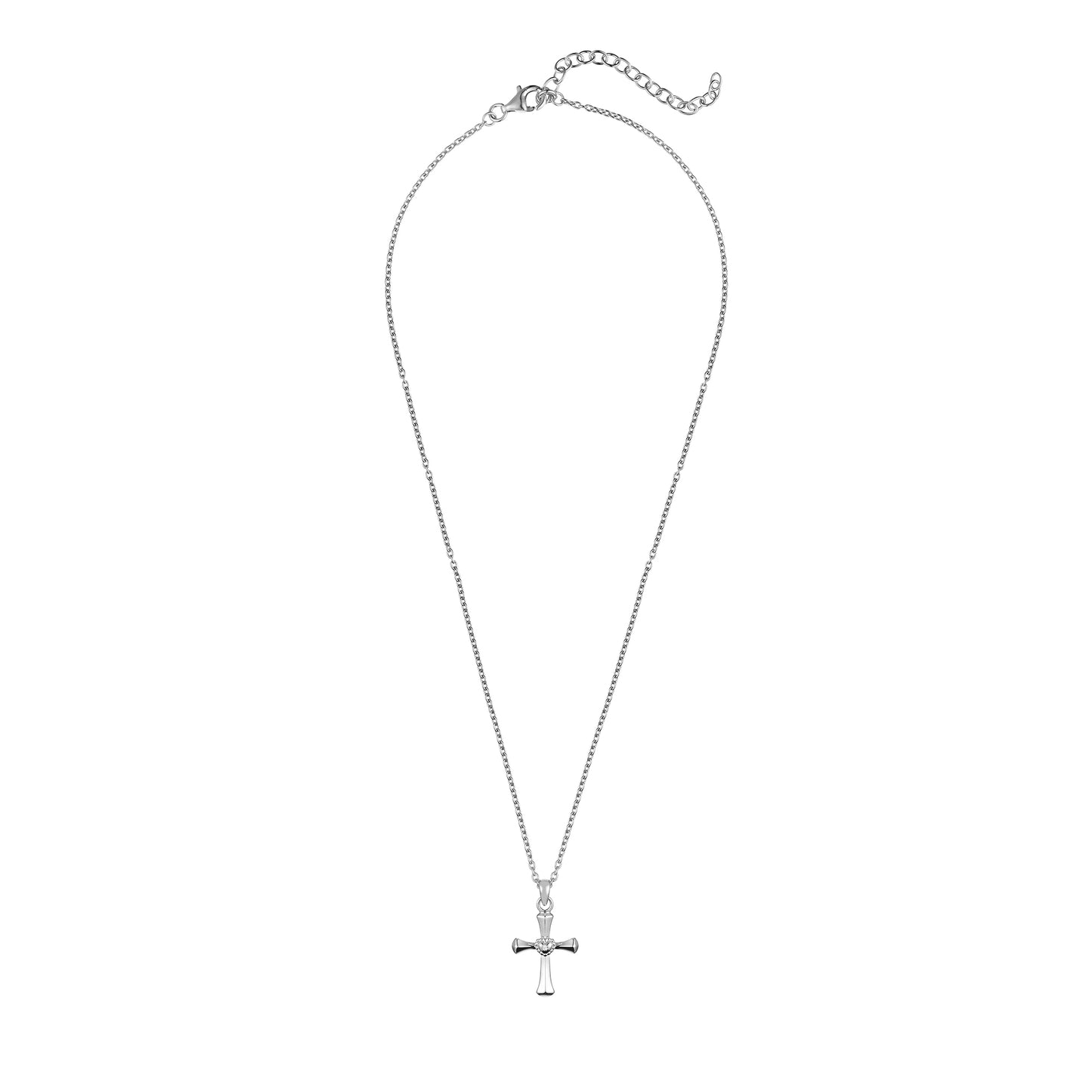 Children’s Sterling Silver Cross with Heart Diamond Pendant on an Extendable Chain Necklace