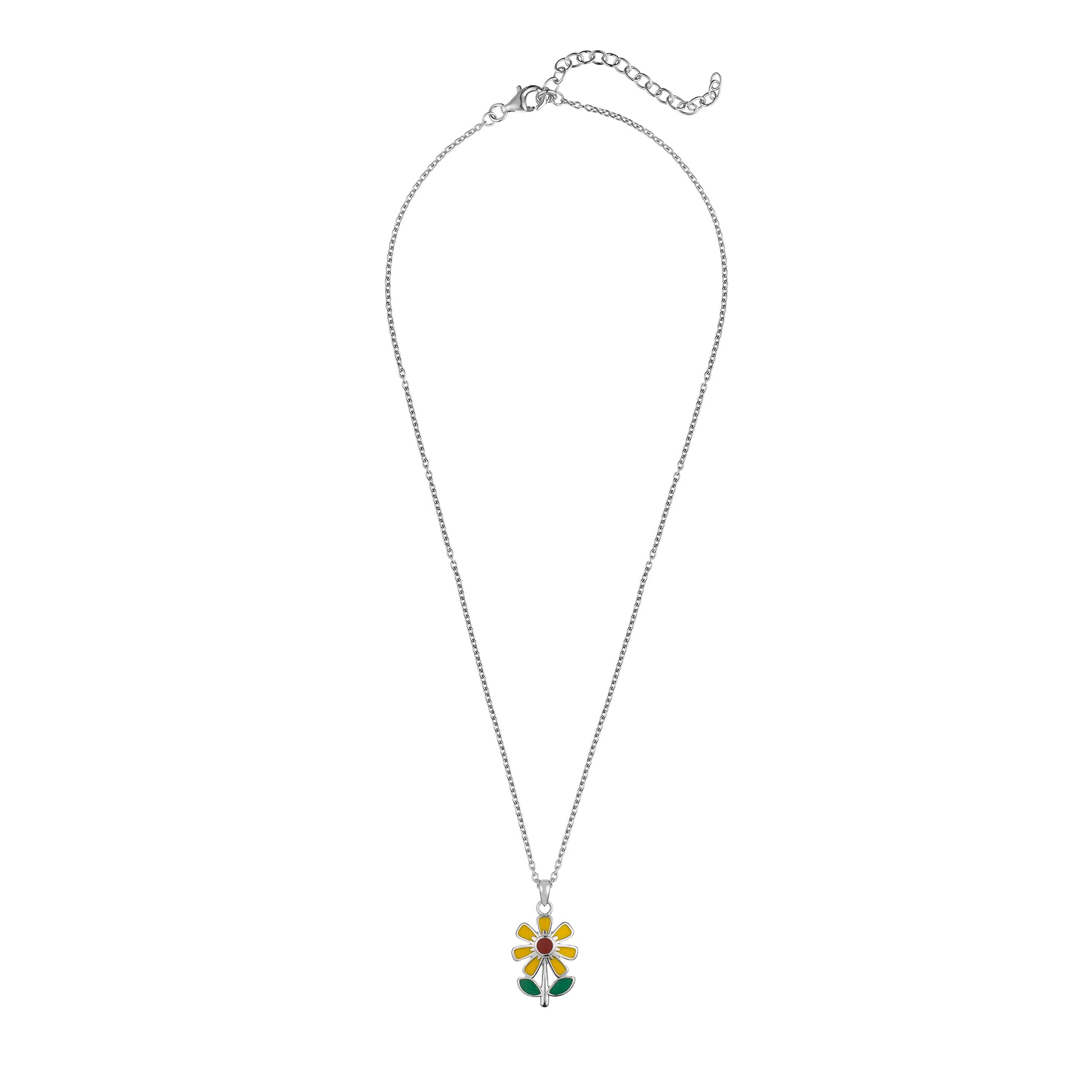 Children's Silver Sunflower with Yellow Enamel Pendant on an Extendable Chain Necklace