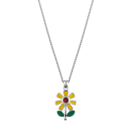Children's Silver Sunflower with Yellow Enamel Pendant on an Extendable Chain Necklace