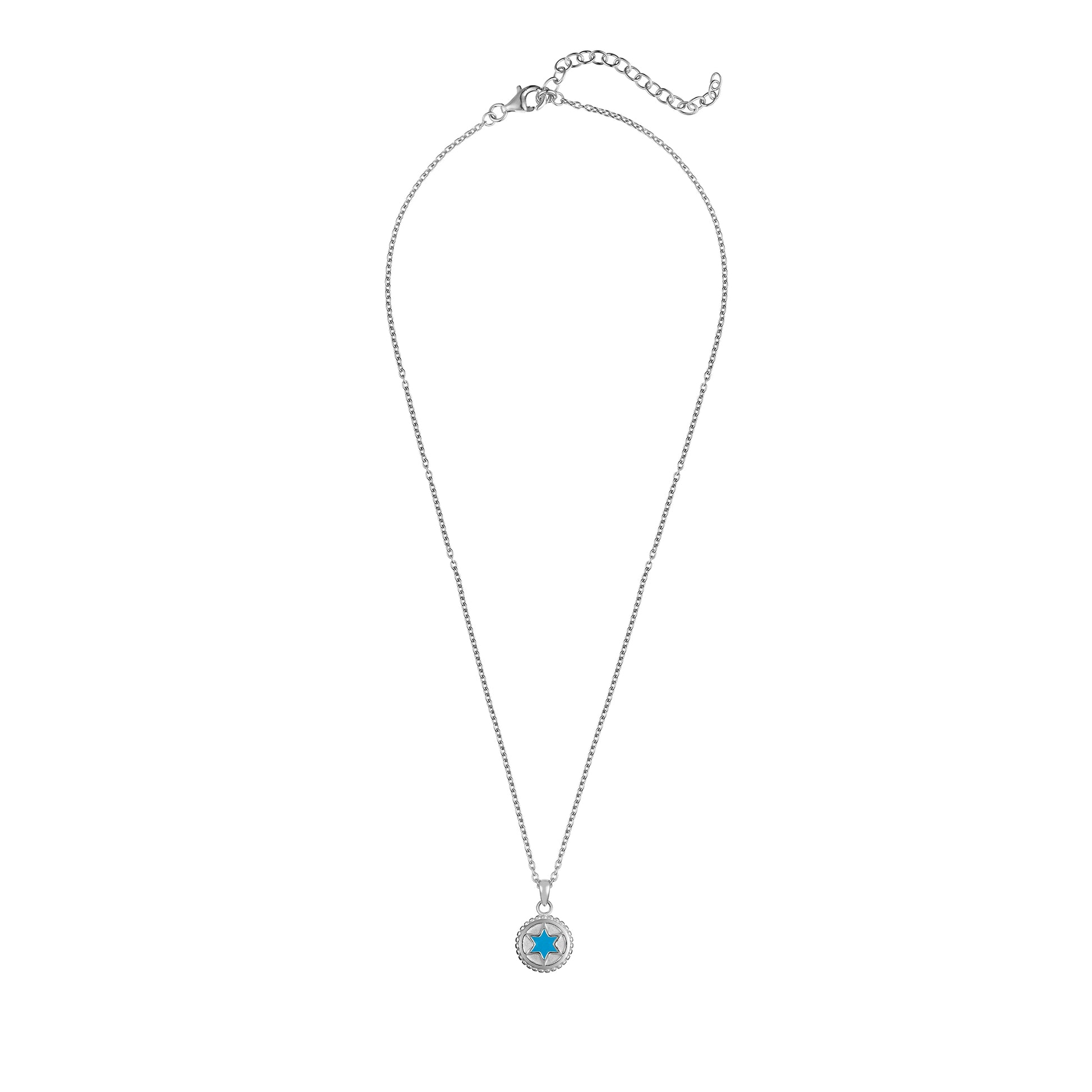 Silver necklace with a blue enamel star of David