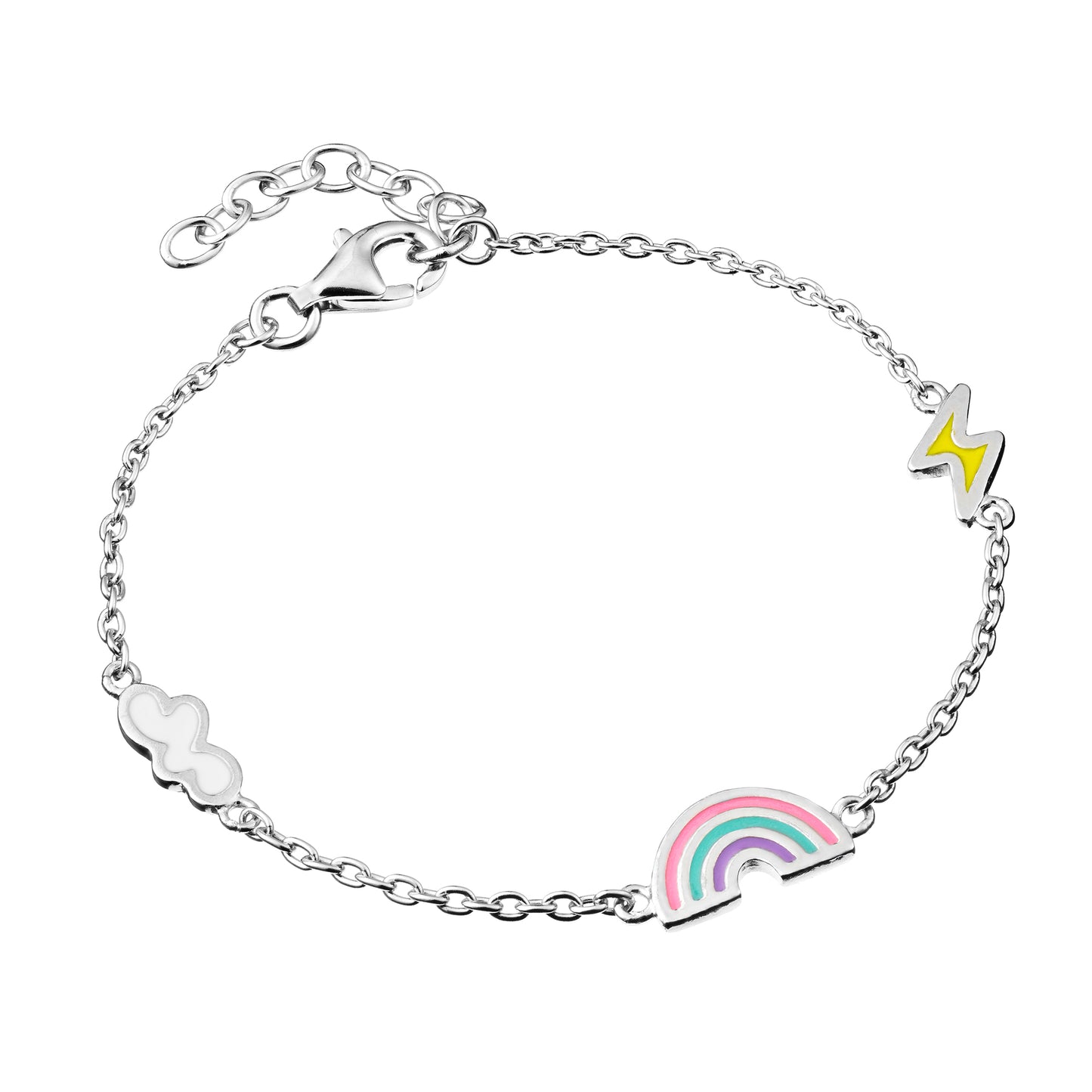 Adjustable silver bracelet with a Cloud, Rainbow and Lightning Bolt charm