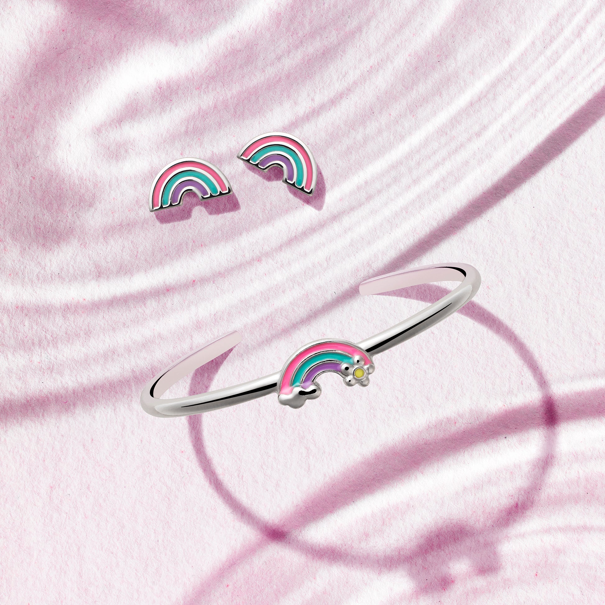Children's Sterling Silver Rainbow with Flower and Cloud Adjustable Bangle Cuff Bracelet and matching rainbow earrings