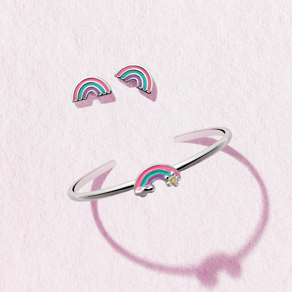 Children's Sterling Silver Rainbow with Flower and Cloud Adjustable Bangle Cuff Bracelet and matching rainbow earrings