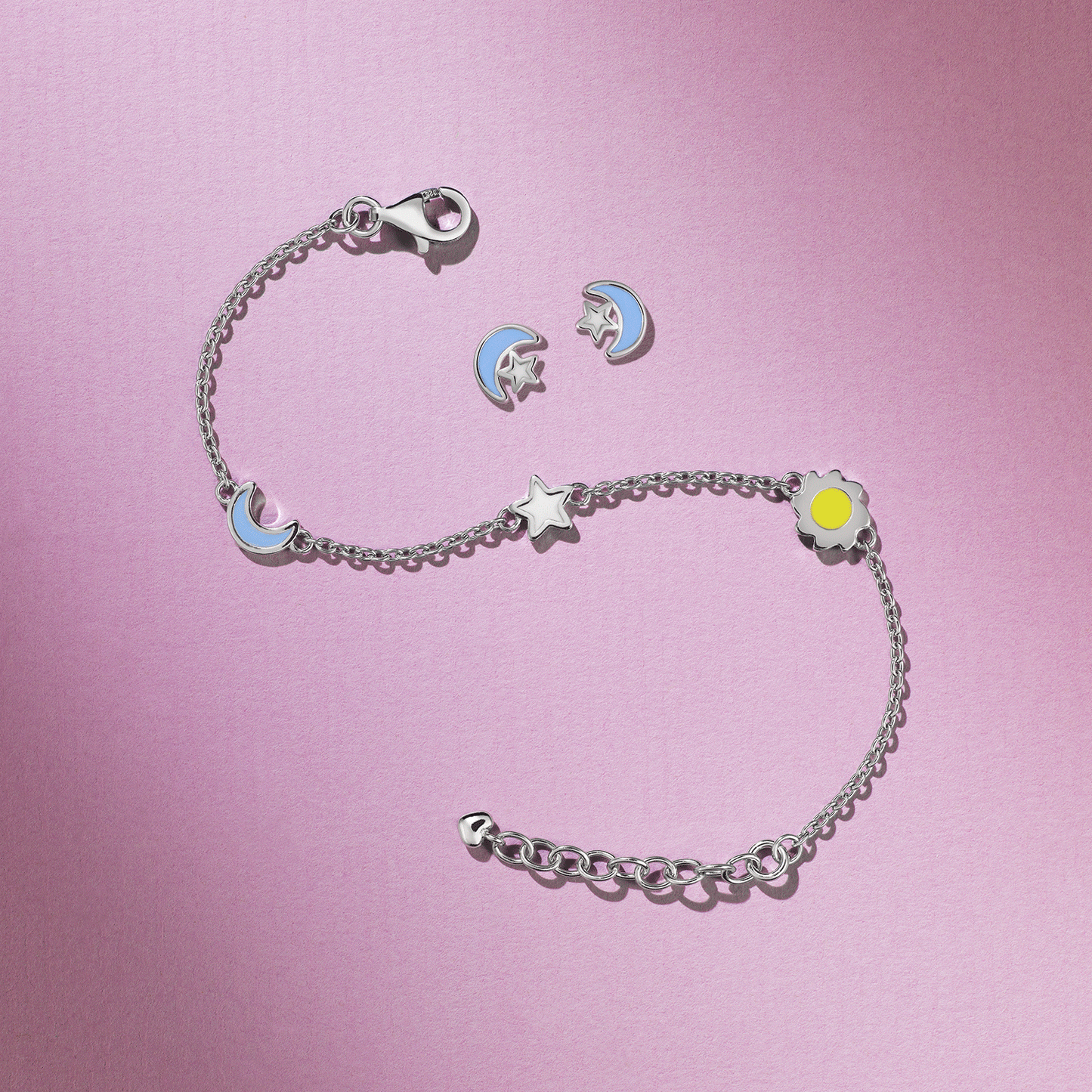 Children's Sterling Silver Blue Moon and Star Stud Post Earrings and Matching Moon Star and Sun adjustable bracelet