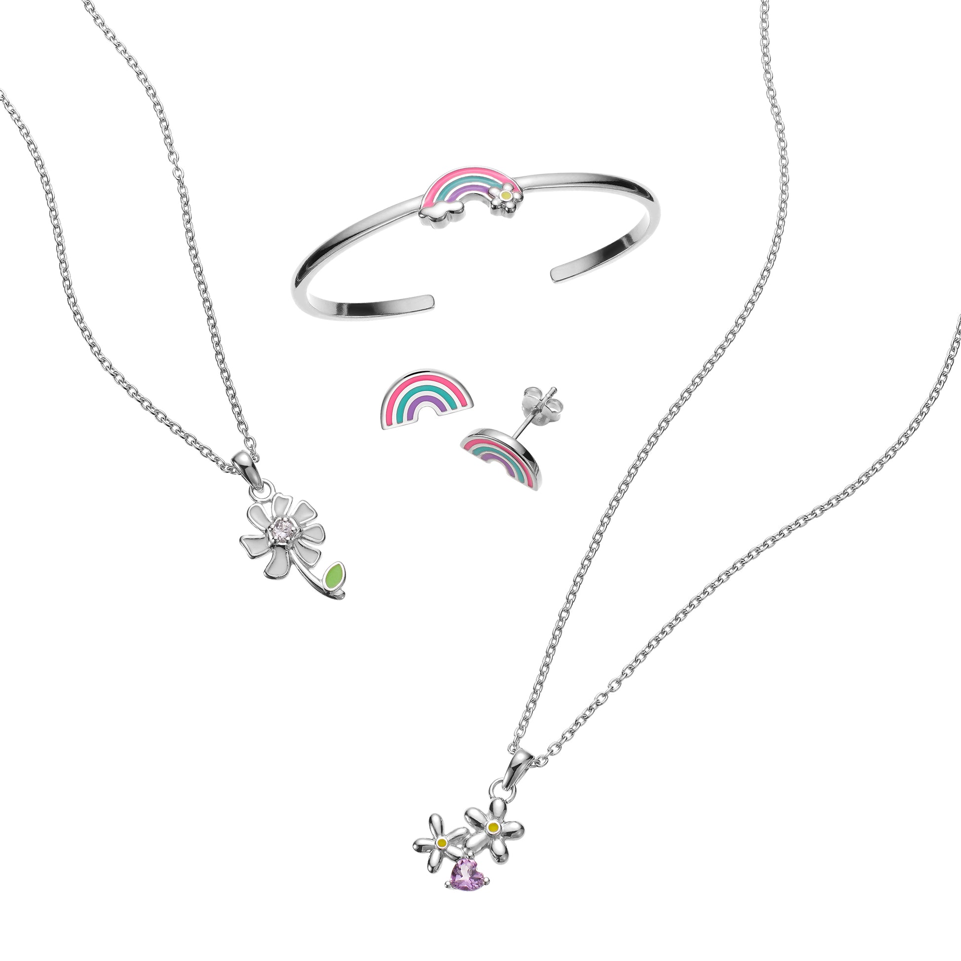 Collection of items including Sterling silver daisy with sapphire, flower with heart pendants and rainbow earrings and cuff