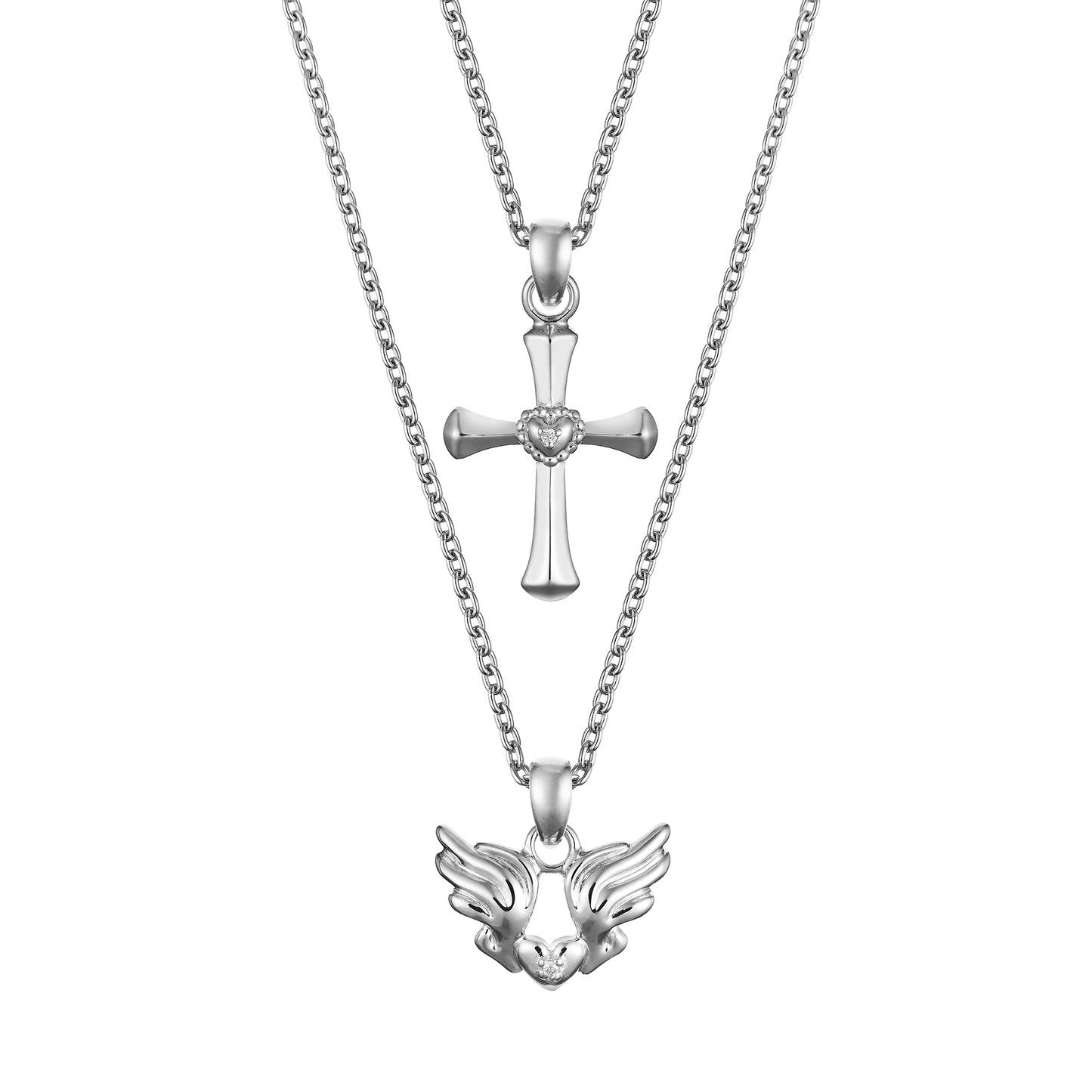Children’s Religious collection including Sterling Silver Angel Wings with Heart and Cross Pendants on Extendable Chain Necklaces