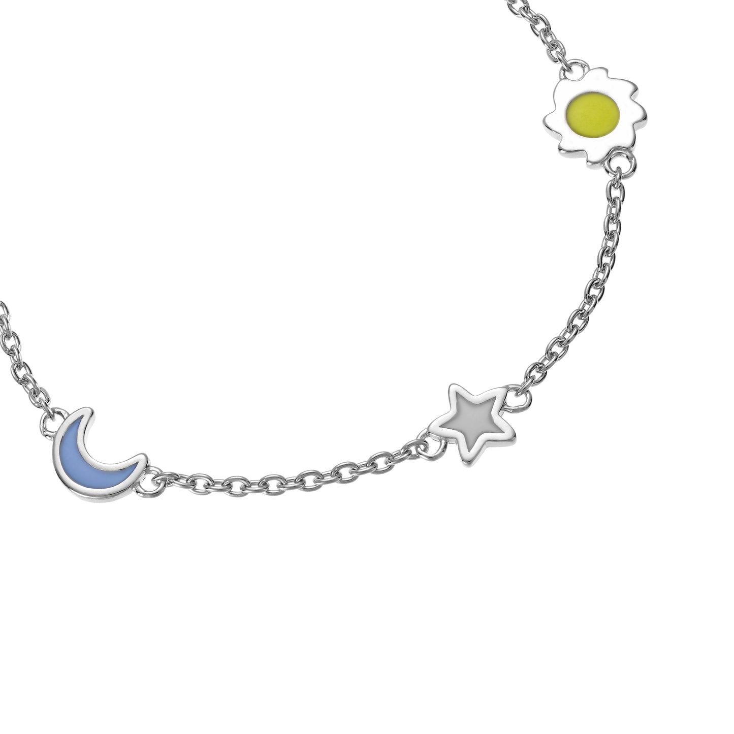 Children's Sterling Silver Celestial Blue Moon Star Yellow Sun with Enamel Extendable Chain Bracelet with Heart Charm