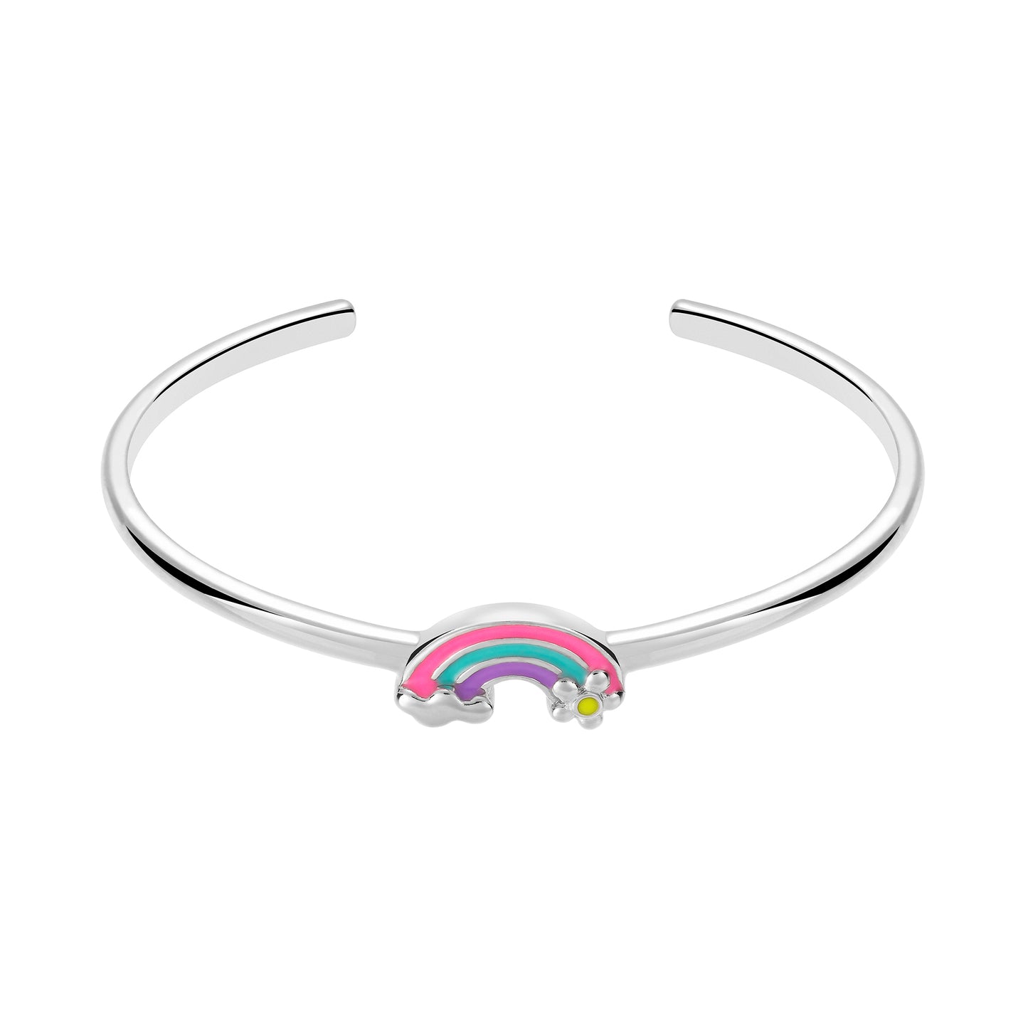 Children's Sterling Silver Pink Green and Purple Rainbow with Flower and Cloud on an Adjustable Bangle Cuff Bracelet