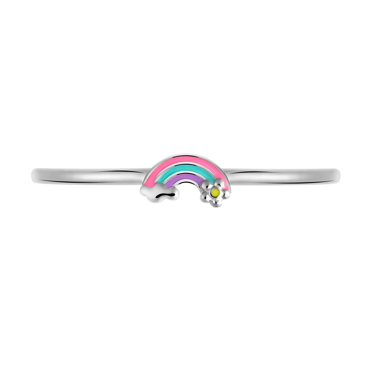 Front view of Children's Sterling Silver Pink Green and Purple Rainbow with Flower and Cloud on an Adjustable Bangle Cuff Bracelet