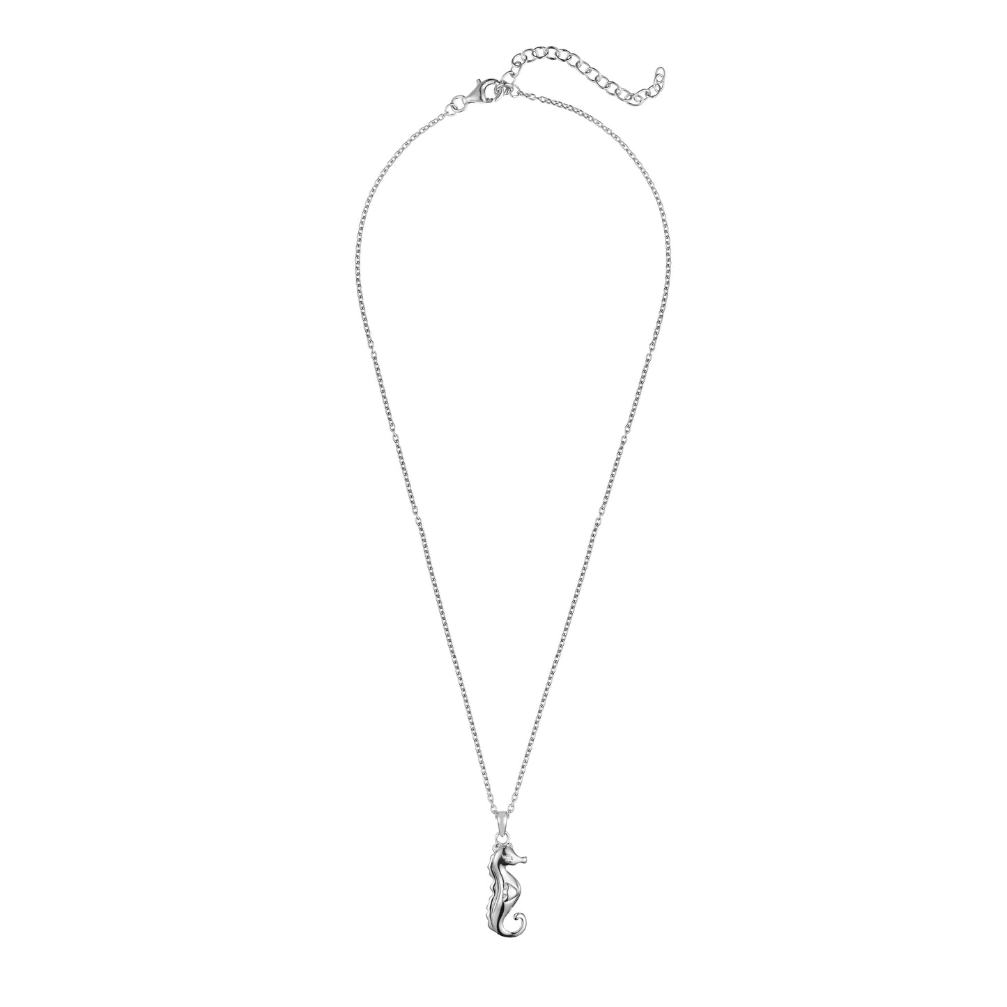 Children's Sterling Silver Seahorse with Diamond Eye Pendant on an Extendable Chain Necklace