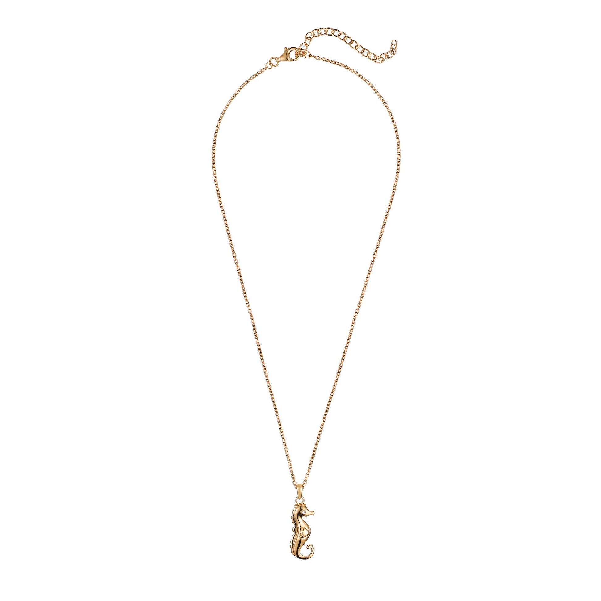 Children's Gold Seahorse with Diamond Eye Pendant on an Extendable Chain Necklace
