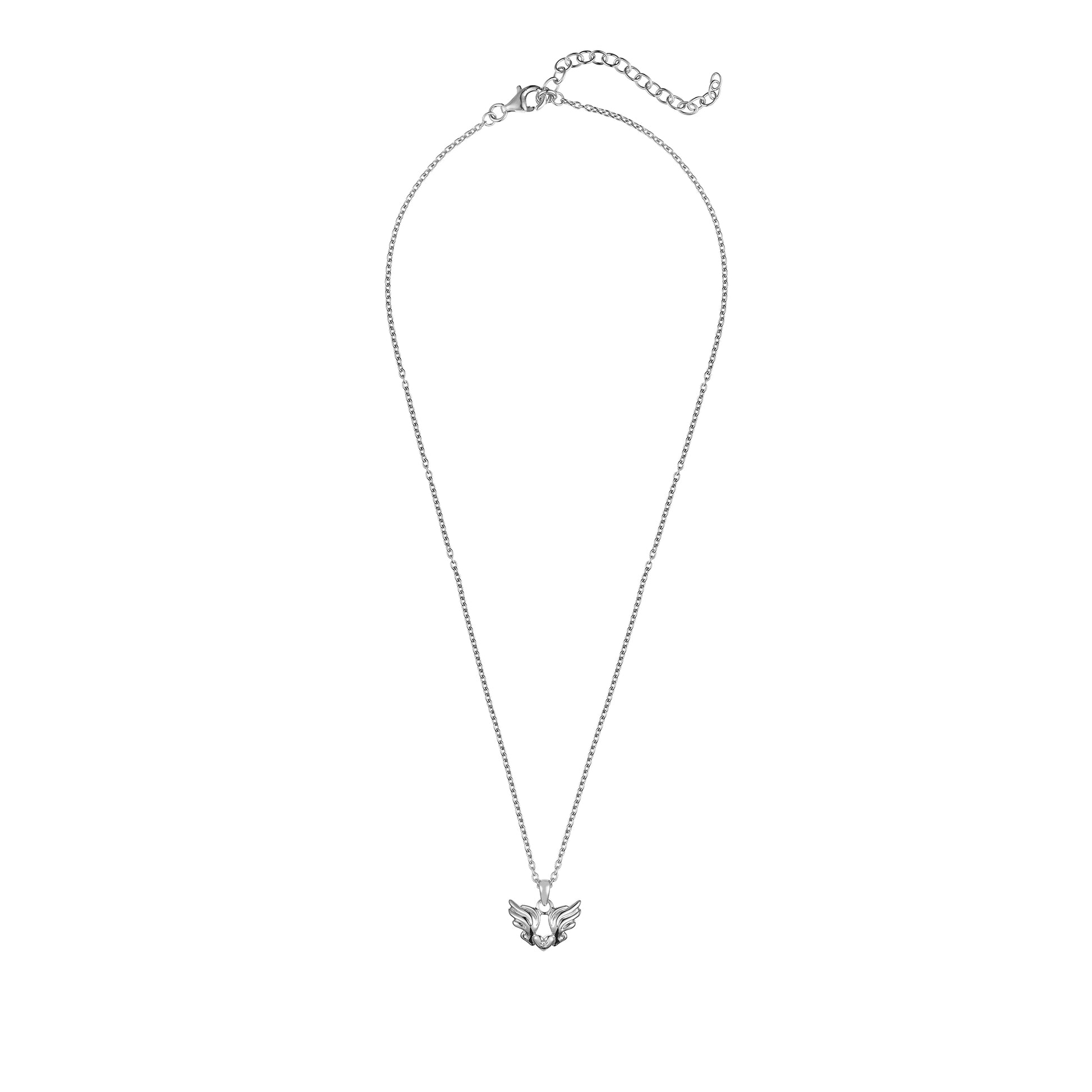 Children's Sterling Silver Angel Wings and Heart Pendant with Diamond on an Extendable Chain Necklace