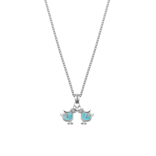 Children's Sterling Silver Love Birds with Diamond Heart and Enamel Pendant on an Extendable Chain Necklace