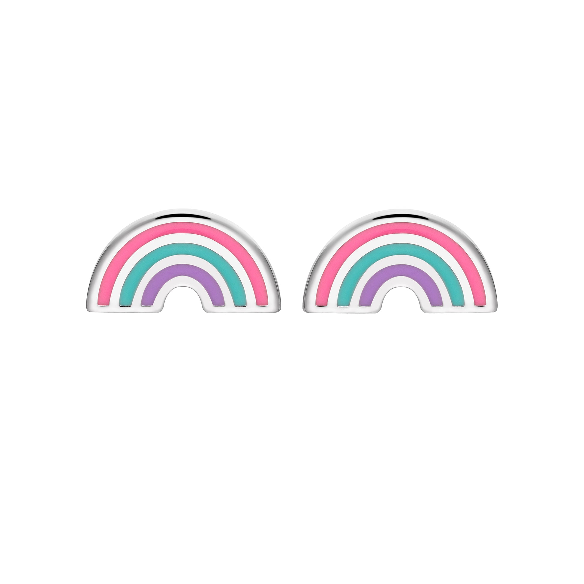 Front View of Children's Sterling Silver Pink Green Purple Rainbow Enamel Stud Earrings