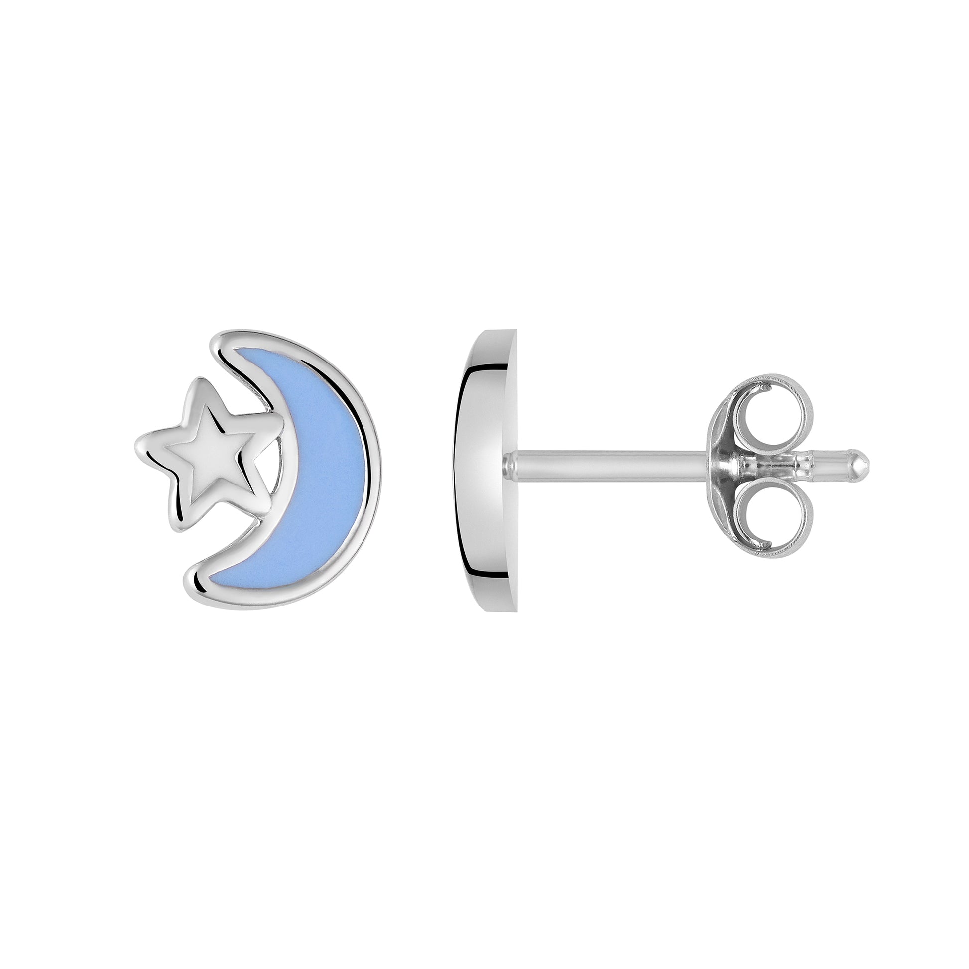 Children's Sterling Silver Dreamy Blue Moon and Star with Enamel Stud Post Earrings