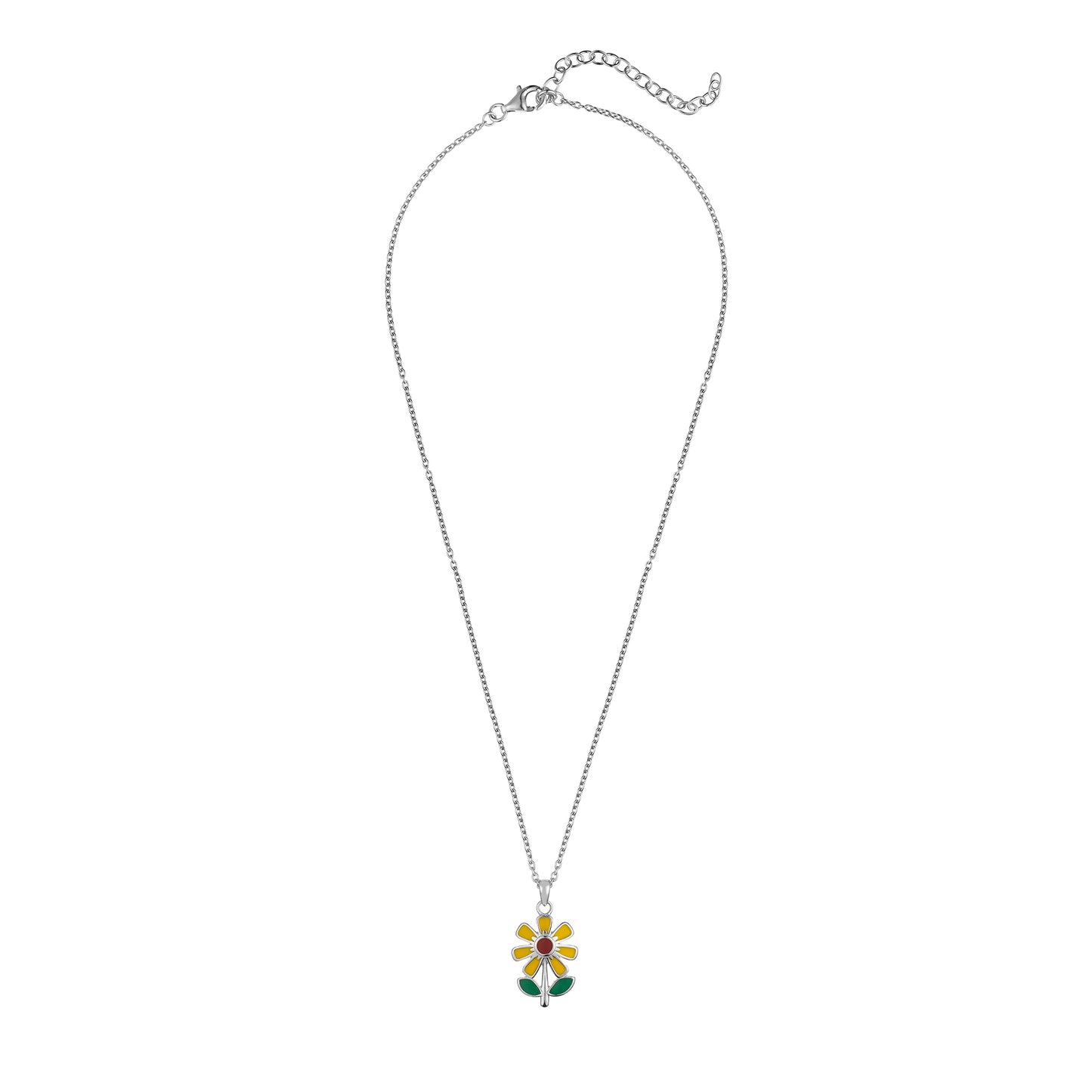 Children's Silver Sunflower with Yellow Enamel Pendant on an Extendable Chain Necklace