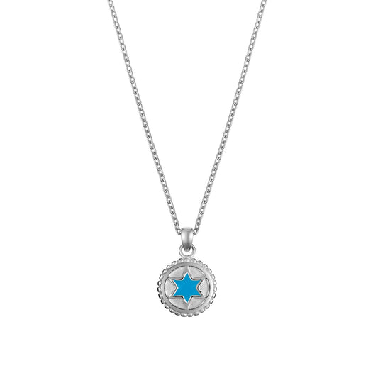Silver necklace with a blue enamel star of David
