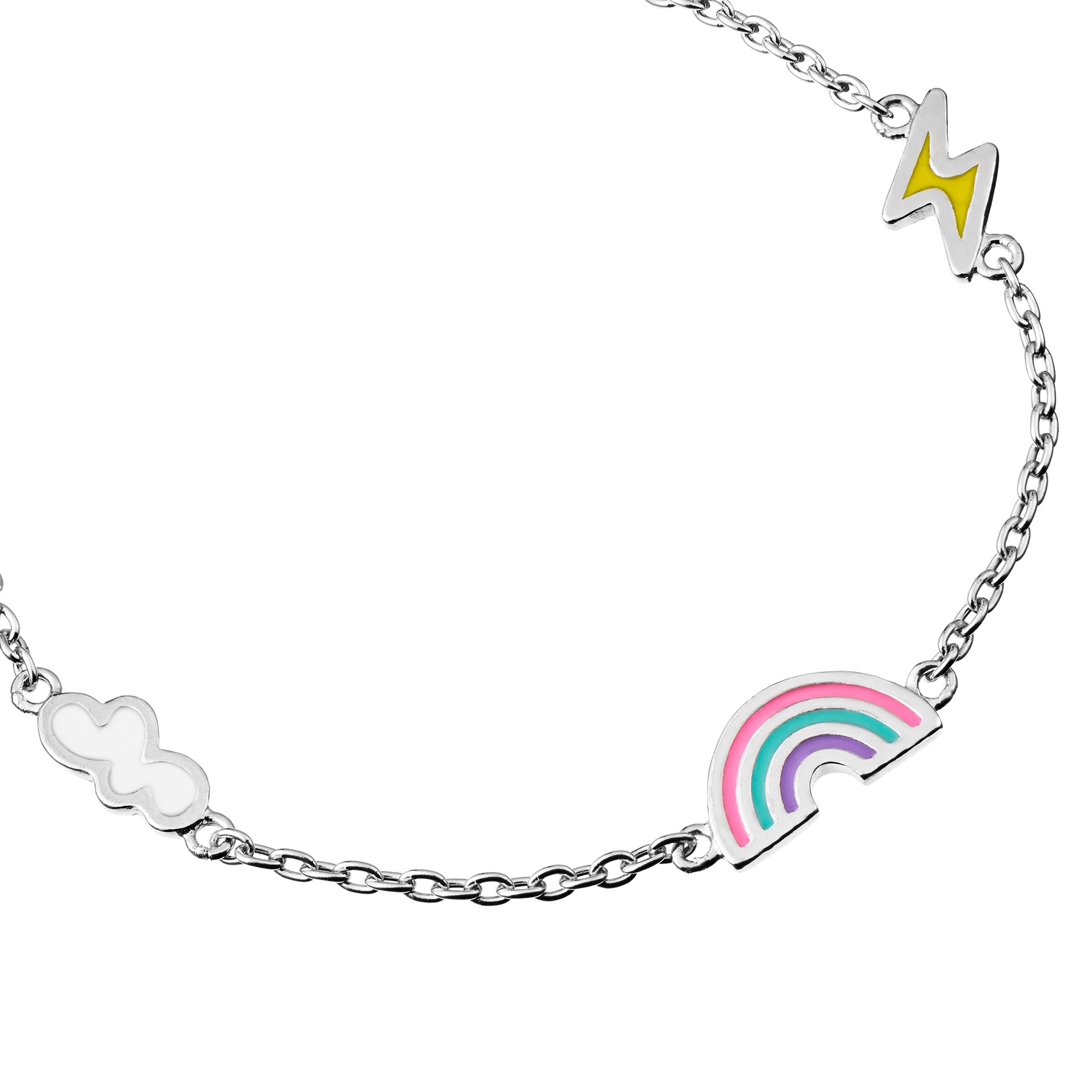 Adjustable silver bracelet with a Cloud, Rainbow and Lightning Bolt charm