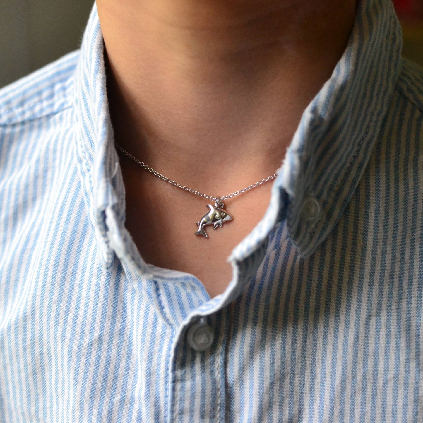 Boy wearing Children's Silver Shark with Smile Pendant on an Extendable Chain Necklace