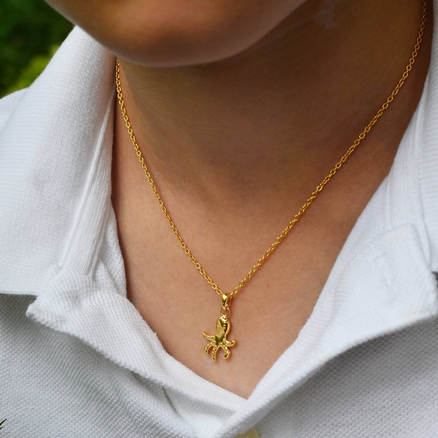 Boy wearing Gold Octopus Pendant on an Extendable Chain Necklace