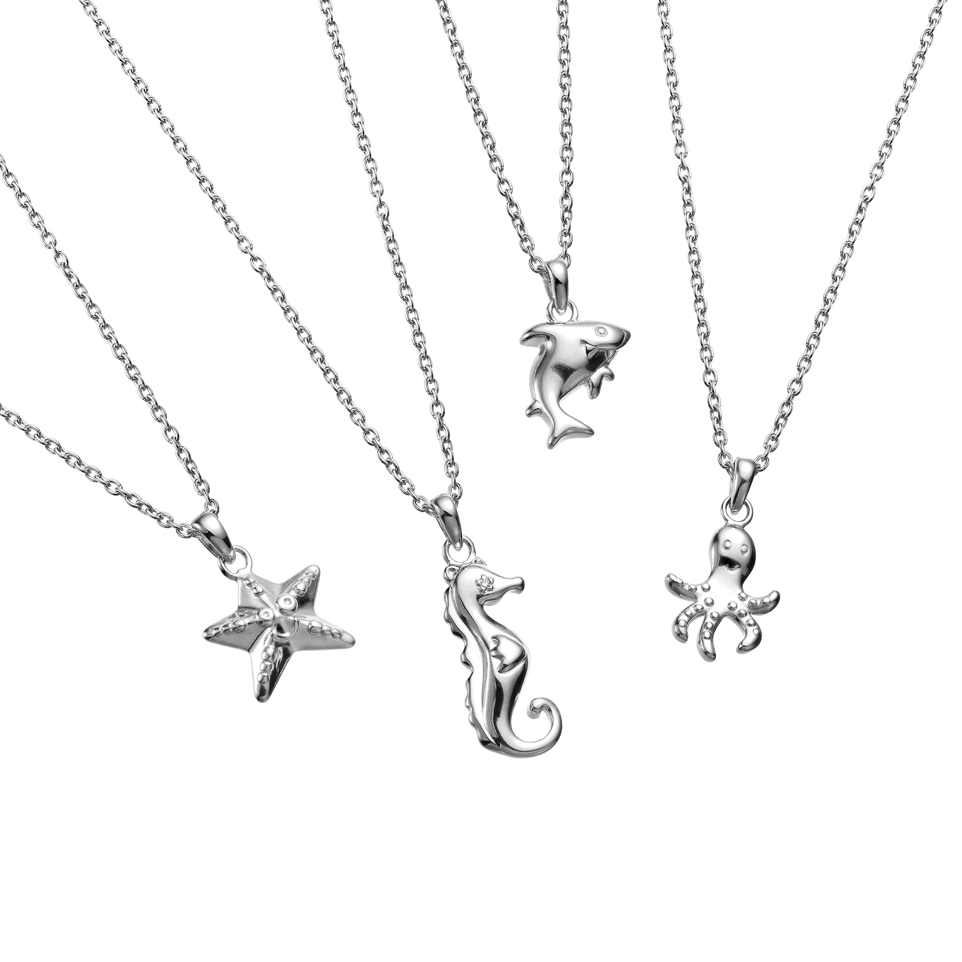 Under the Sea collection of silver necklaces including starfish, seahorse, shark and octopus all on Extendable Chain Necklaces