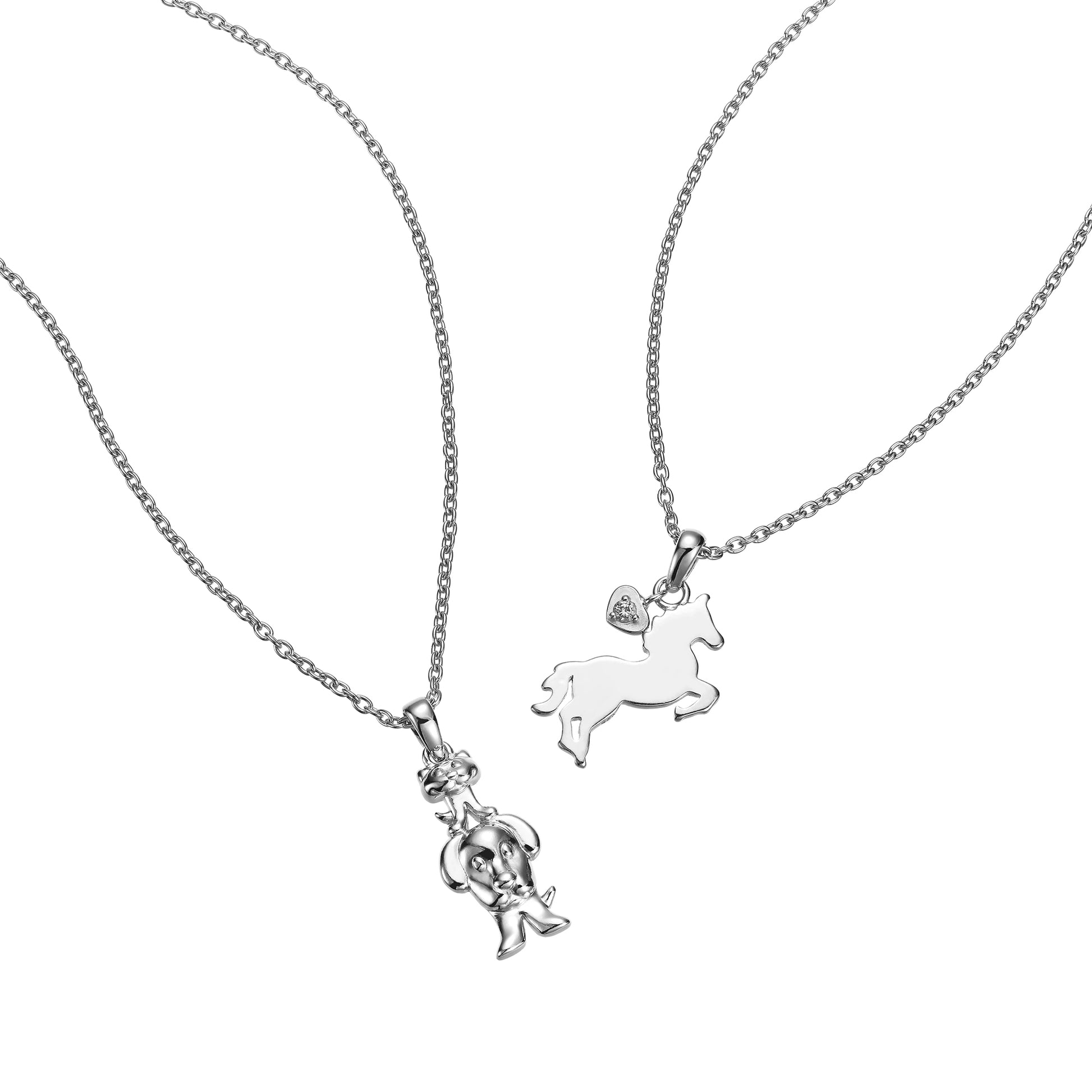 Children's  Sterling Silver Cute Cat and Dog and Horse Pendants on Extendable Chain Necklaces