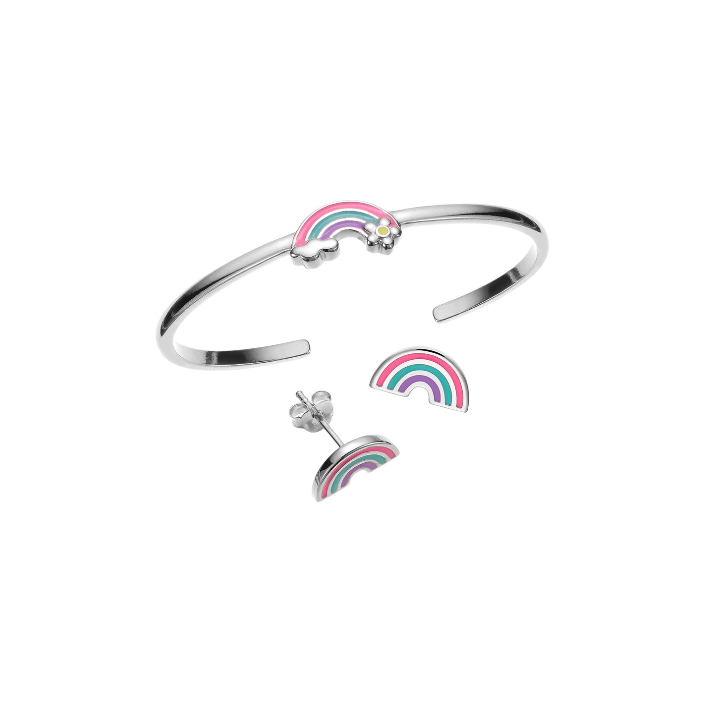 Children's Sterling Silver Rainbow with Flower and Cloud Adjustable Bangle Cuff Bracelet and matching rainbow earrings