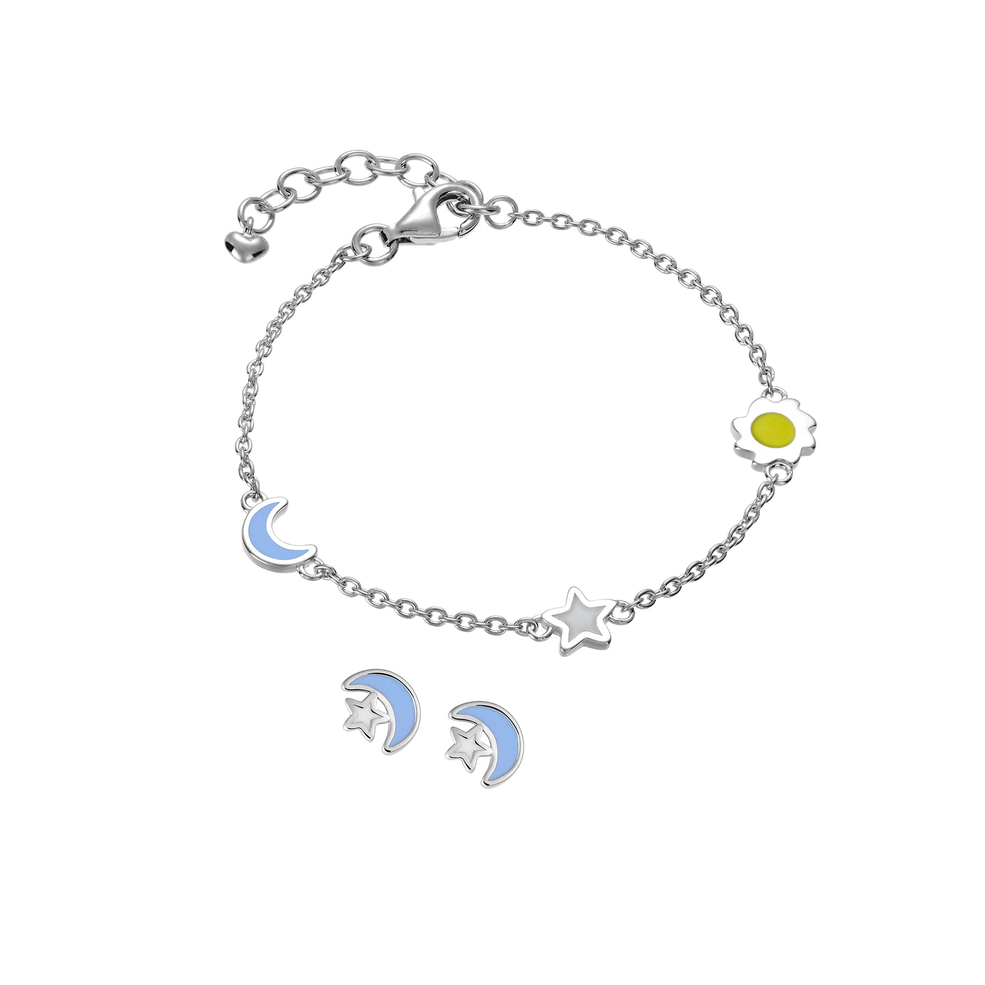 Children's Sterling Silver Blue Moon and Star Stud Post Earrings and Matching Moon Star and Sun adjustable bracelet