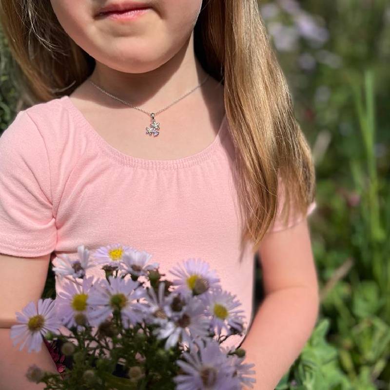 Girl wearing Sterling Silver Flower and Heart with Amethyst and Enamel on an Extendable Chain Necklace