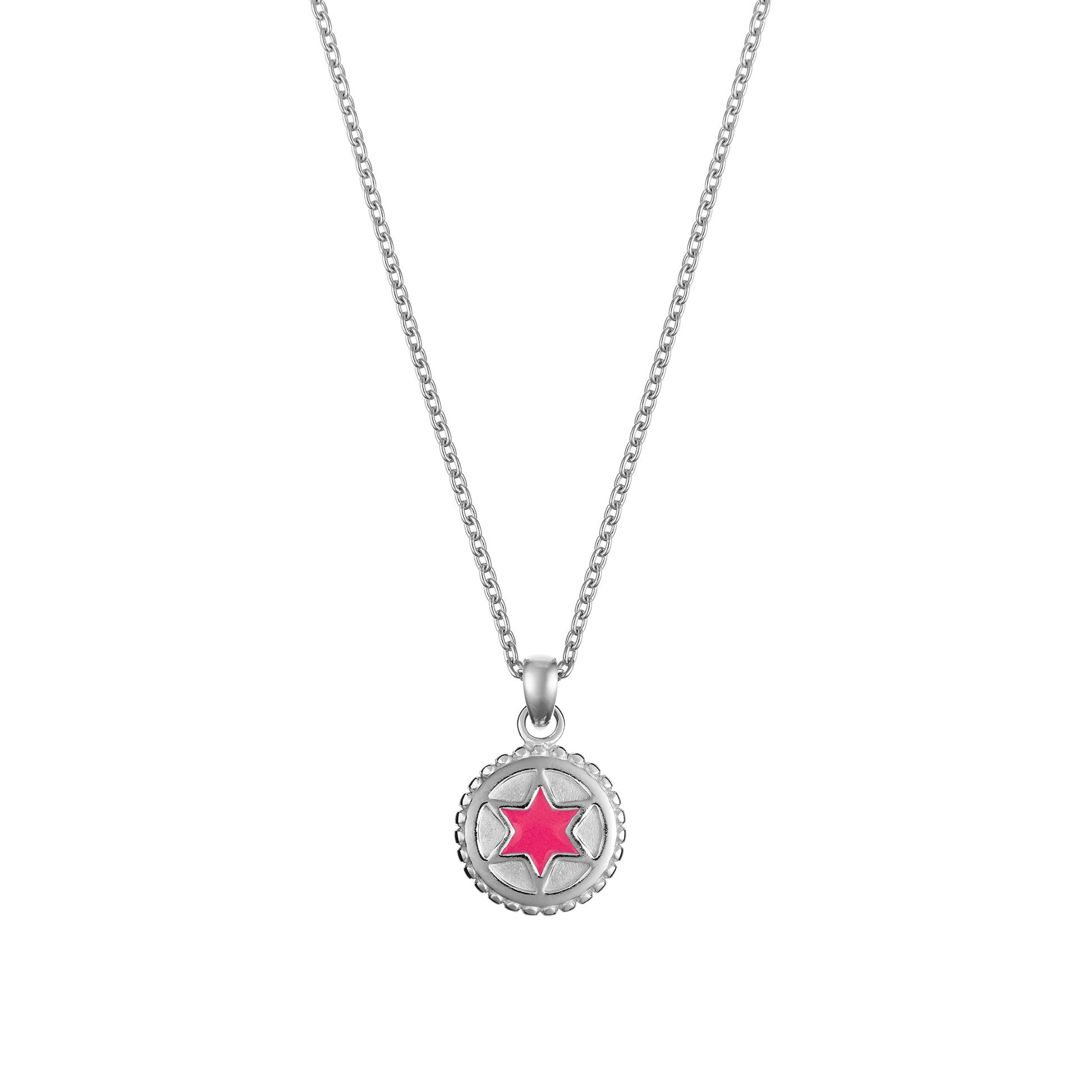 Silver necklace with a pink enamel star of David